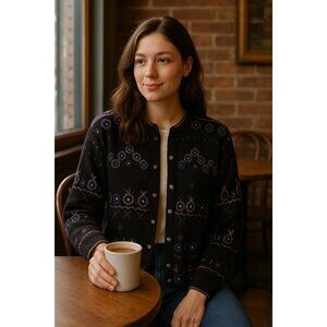 Christine Foley Embroidered Cotton Cardigan Sweater | Vintage Boho Folk Knit | S